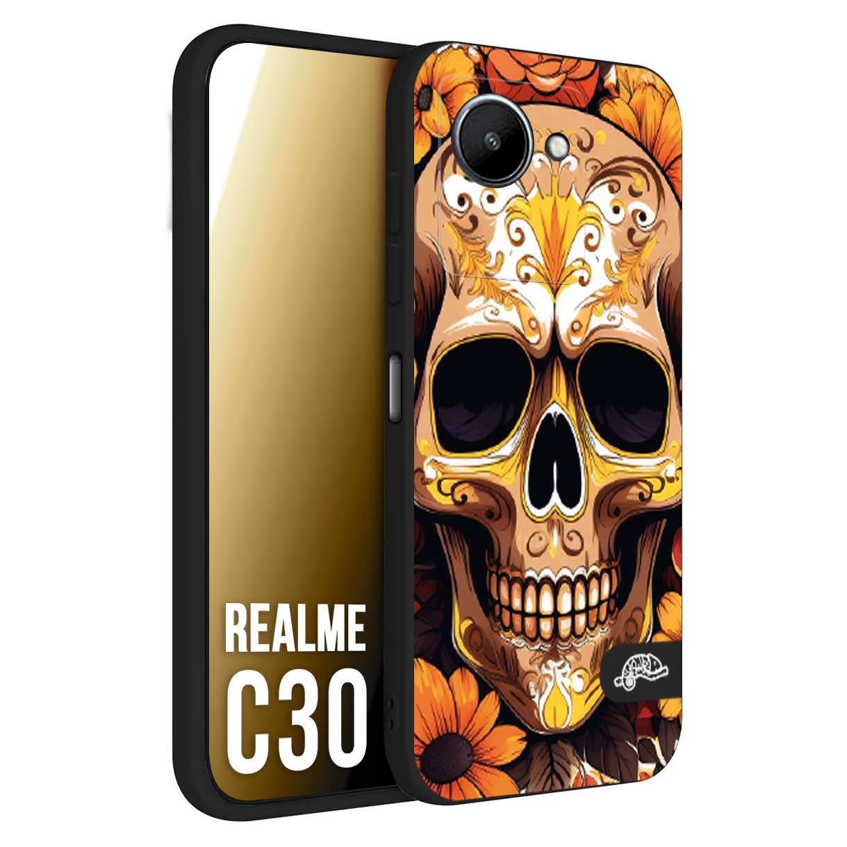 CUSTOMIZZA - Custodia cover nera morbida in tpu compatibile per Oppo Realme C30 teschio messicano colorato dorato fiori tattoo disegnato