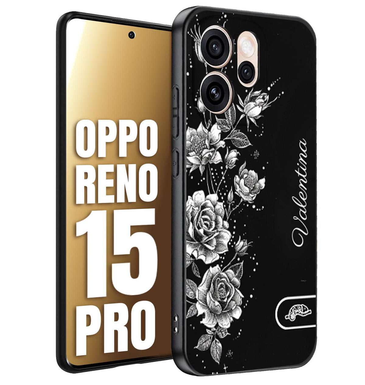 CUSTOMIZZA - Custodia cover nera morbida in tpu compatibile per Oppo Reno 15 PRO personalizzata rilievo soft touch nome rose fiori donna