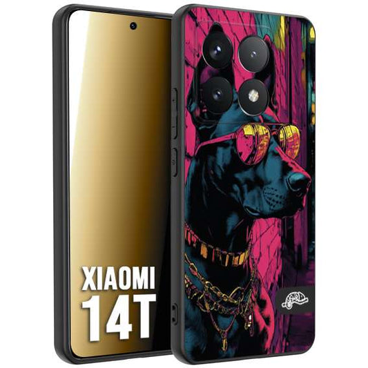 CUSTOMIZZA - Custodia cover nera morbida in tpu compatibile per Xiaomi 14T animali cyberpunk dobermann cane street dog fucsia blu