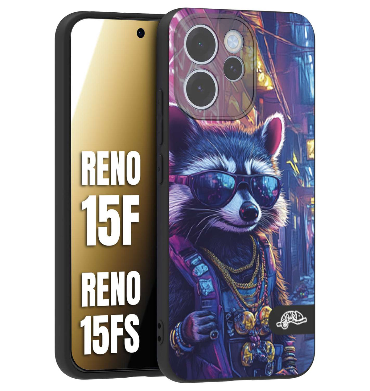 CUSTOMIZZA - Custodia cover nera morbida in tpu compatibile per Oppo Reno 15 F - Reno 15 FS animali simpatici cyberpunk procione racoon street cat fucsia blu giallo