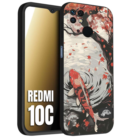 CUSTOMIZZA - Custodia cover nera morbida in tpu compatibile per Xiaomi Redmi 10C giapponese lago carpa koi rossa con foglie d'acero rosso disegnata tattoo