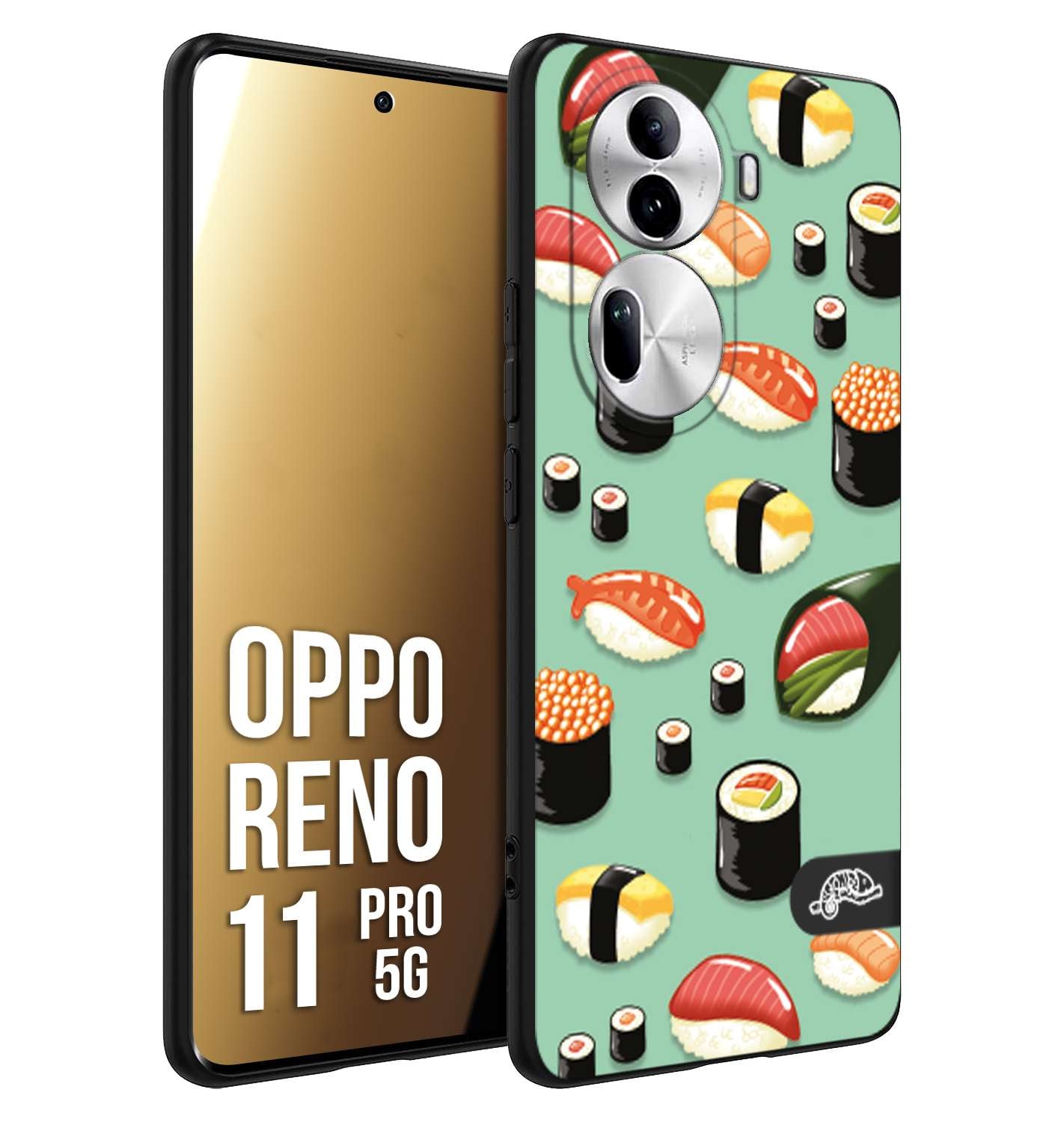 CUSTOMIZZA - Custodia cover nera morbida in tpu compatibile per Oppo Reno 11 PRO 5G sushi disegni giapponese nighiri acquamarina verde