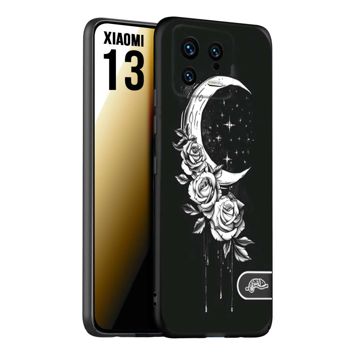 CUSTOMIZZA - Custodia cover nera morbida in tpu compatibile per Xiaomi 13 luna e fiori moon flowers black and white bianco a rilievo disegnato tattoo tatuaggio