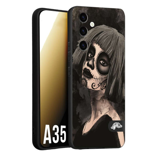 CUSTOMIZZA - Custodia cover nera morbida in tpu compatibile per Samsung A35 5G chicana messicana dea de la muerte donna santa tattoo disegnata