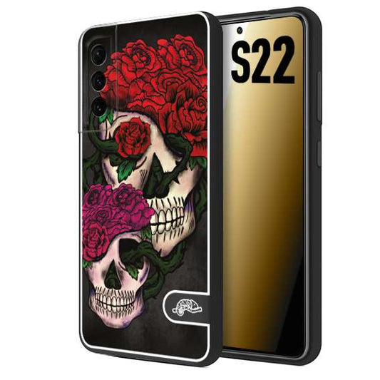 CUSTOMIZZA - Custodia cover nera morbida in tpu compatibile per Samsung S22 teschi e rose rosse fucsia skull and roses