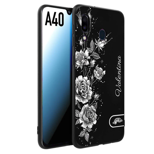 CUSTOMIZZA - Custodia cover nera morbida in tpu compatibile per Samsung A40 a rilievo soft touch personalizzata nome rose fiori donna