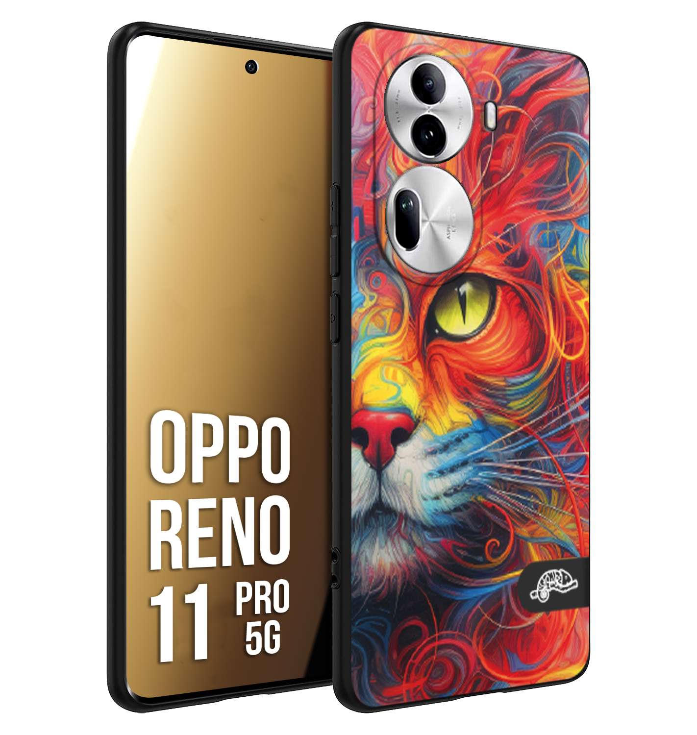 CUSTOMIZZA - Custodia cover nera morbida in tpu compatibile per Oppo Reno 11 PRO 5G animali color cat gatto viso colori vibranti disegnato schizzo