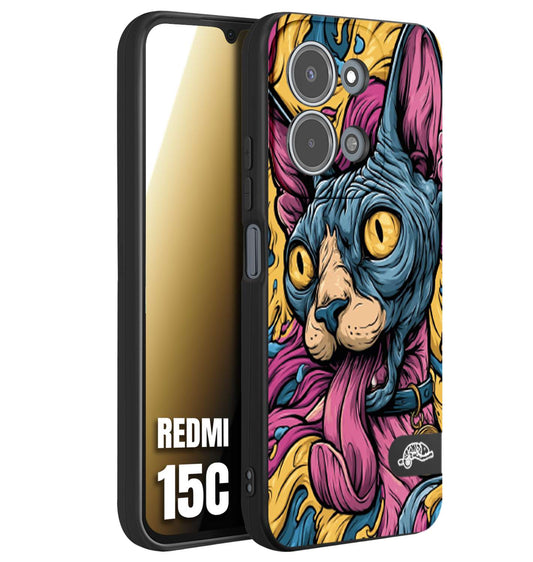 CUSTOMIZZA - Custodia cover nera morbida in tpu compatibile per Xiaomi Redmi 15C Sphynx Colorato Pop Art Psichedelico Gatto Blu Rosa Giallo Artistica Fantasy