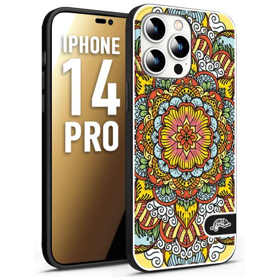 CUSTOMIZZA - Custodia cover nera morbida in tpu compatibile per iPhone 14 PRO mandala colorato fiore nuvole arancione