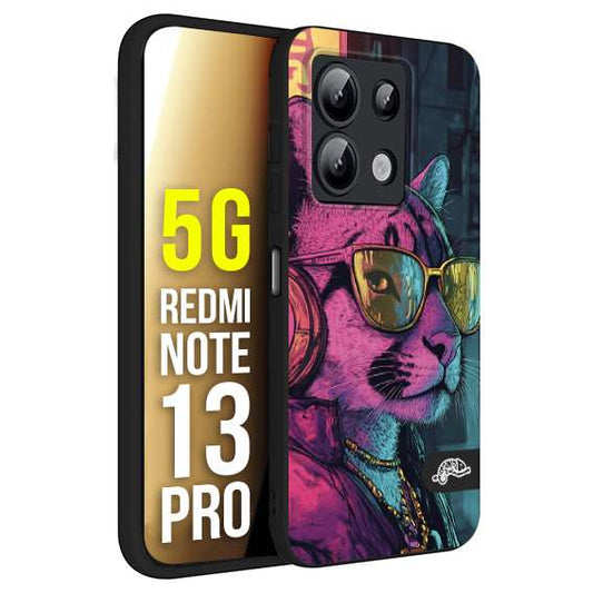 CUSTOMIZZA - Custodia cover nera morbida in tpu compatibile per Xiaomi Redmi Note 13 PRO 5G animali cyberpunk pantera street cat fucsia blu giallo