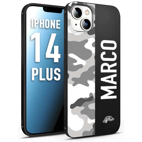 CUSTOMIZZA - Custodia cover nera morbida in tpu compatibile per iPhone 14 PLUS camouflage mimetico militare personalizzata nome bianco