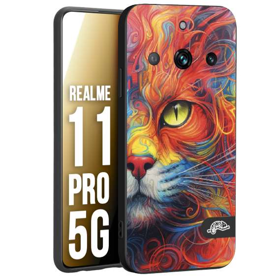 CUSTOMIZZA - Custodia cover nera morbida in tpu compatibile per Realme 11 PRO 5G animali color cat gatto viso colori vibranti disegnato schizzo