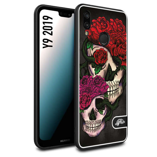 CUSTOMIZZA - Custodia cover nera morbida in tpu compatibile per Huawei Y9 2019 teschi e rose rosse fucsia skull and roses