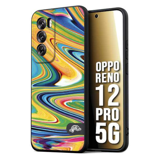 CUSTOMIZZA - Custodia cover nera morbida in tpu compatibile per Oppo Reno 12 PRO 5G colorata fantasia vortice marmo arcobaleno gialla verde blu