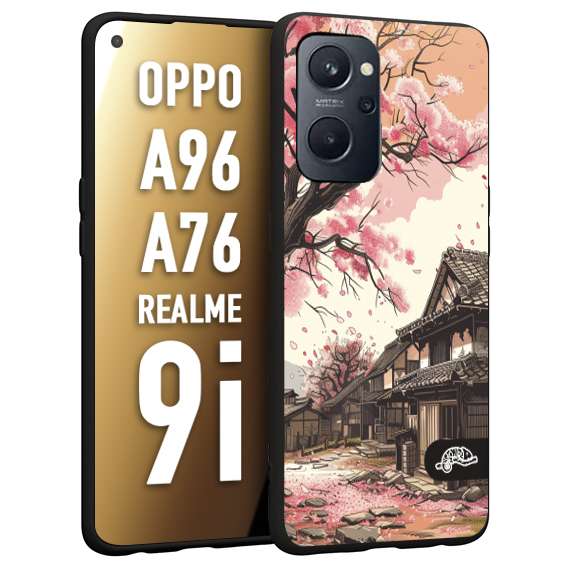 CUSTOMIZZA - Custodia cover nera morbida in tpu compatibile per Realme 9i - A96 - A76 casa giapponese rosa ciliegio in fiore disegnata tattoo
