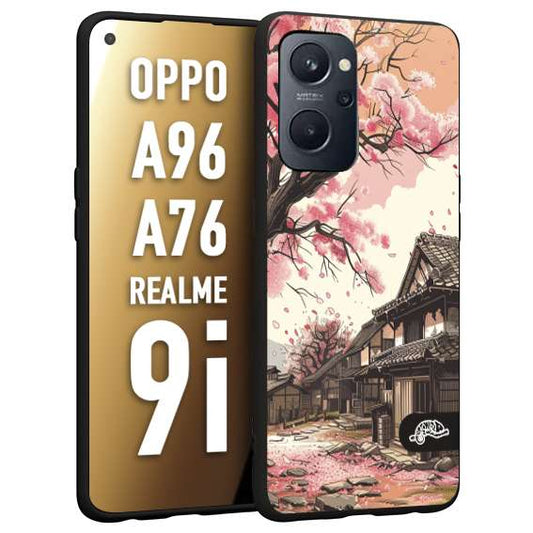 CUSTOMIZZA - Custodia cover nera morbida in tpu compatibile per Realme 9i - A96 - A76 casa giapponese rosa ciliegio in fiore disegnata tattoo