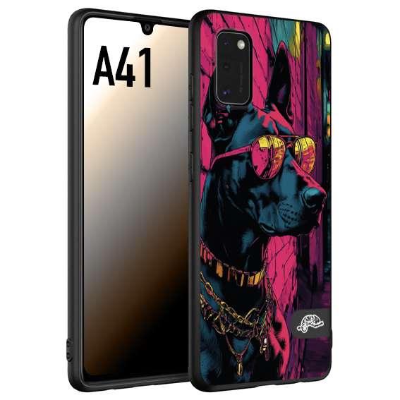 CUSTOMIZZA - Custodia cover nera morbida in tpu compatibile per Samsung A41 animali cyberpunk dobermann cane street dog fucsia blu