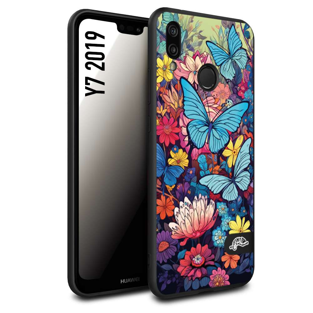 CUSTOMIZZA - Custodia cover nera morbida in tpu compatibile per Huawei Y7 2019 farfalle butterfly moderno donna disegnate gialla blu rosa