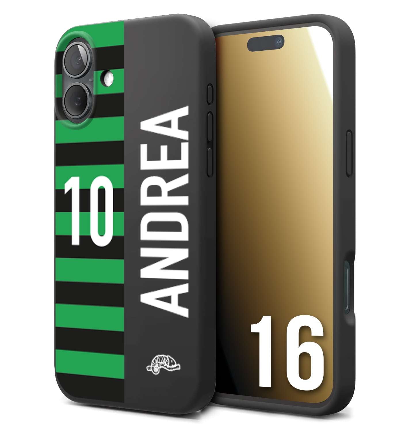 CUSTOMIZZA - Custodia cover nera morbida in tpu compatibile per iPhone 16 personalizzata calcio football nome e numero calciatori neroverde