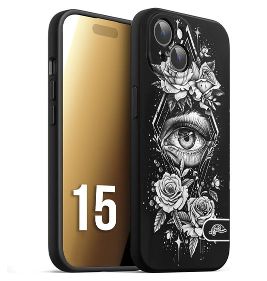 CUSTOMIZZA - Custodia cover nera morbida in tpu compatibile per iPhone 15 occhio fiori rombo geometrico black and white bianco a rilievo disegnato tattoo tatuaggio