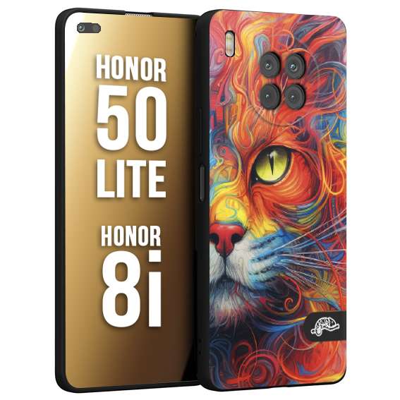 CUSTOMIZZA - Custodia cover nera morbida in tpu compatibile per Honor 8i - Honor 50 LITE animali color cat gatto viso colori vibranti disegnato schizzo