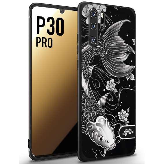 CUSTOMIZZA - Custodia cover nera morbida in tpu compatibile per Huawei P30 PRO carpa koi black and white bianco a rilievo disegnato tattoo tatuaggio