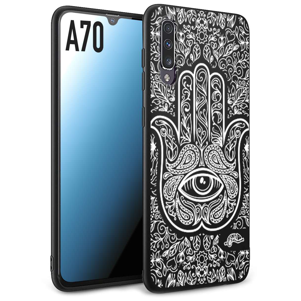 CUSTOMIZZA - Custodia cover nera morbida in tpu compatibile per Samsung A70 mano di fatima effetto rilievo mandala donna