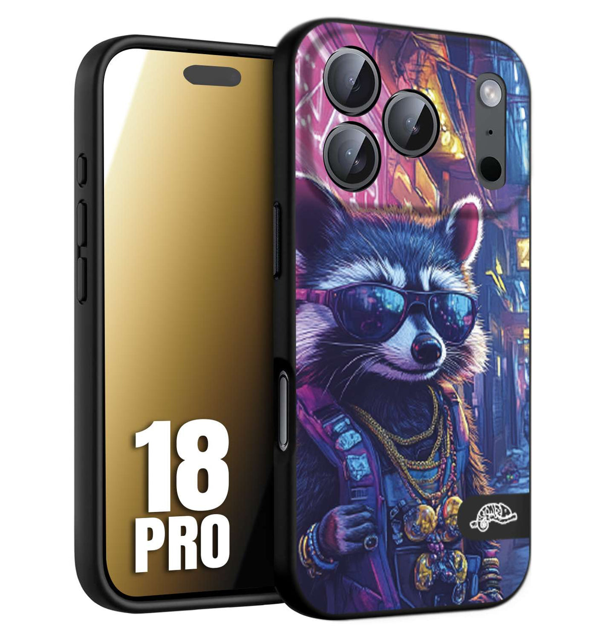 CUSTOMIZZA - Custodia cover nera morbida in tpu compatibile per iPhone 18 PRO animali simpatici cyberpunk procione racoon street cat fucsia blu giallo