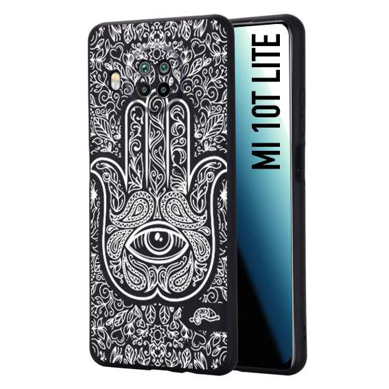 CUSTOMIZZA - Custodia cover nera morbida in tpu compatibile per Xiaomi Mi 10T LITE mano di fatima effetto rilievo mandala donna