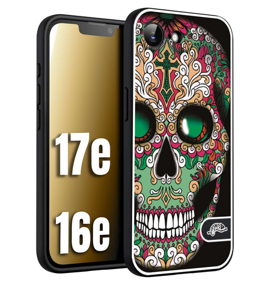 CUSTOMIZZA - Custodia cover nera morbida in tpu compatibile per iPhone 16E - 17E teschio messicano Mexican skull verde fucsia