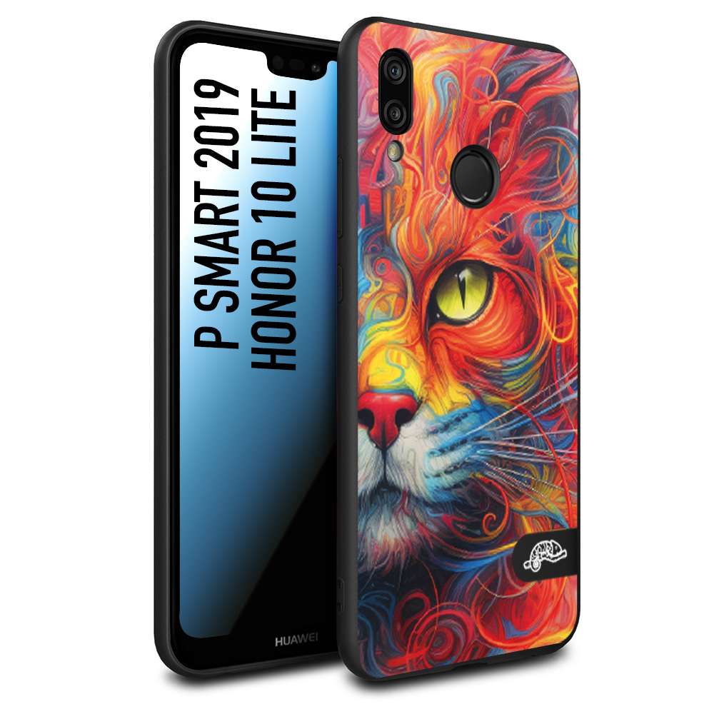 CUSTOMIZZA - Custodia cover nera morbida in tpu compatibile per Huawei P Smart 2019 animali color cat gatto viso colori vibranti disegnato schizzo