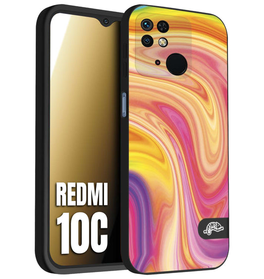 CUSTOMIZZA - Custodia cover nera morbida in tpu compatibile per Xiaomi Redmi 10C colorata fantasia vortice marmo onde rosa fucsia gialla