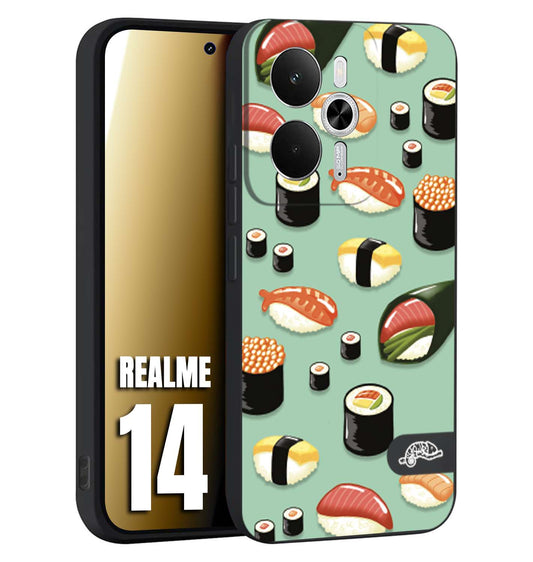 CUSTOMIZZA - Custodia cover nera morbida in tpu compatibile per Realme 14 5G sushi disegni giapponese nighiri acquamarina verde