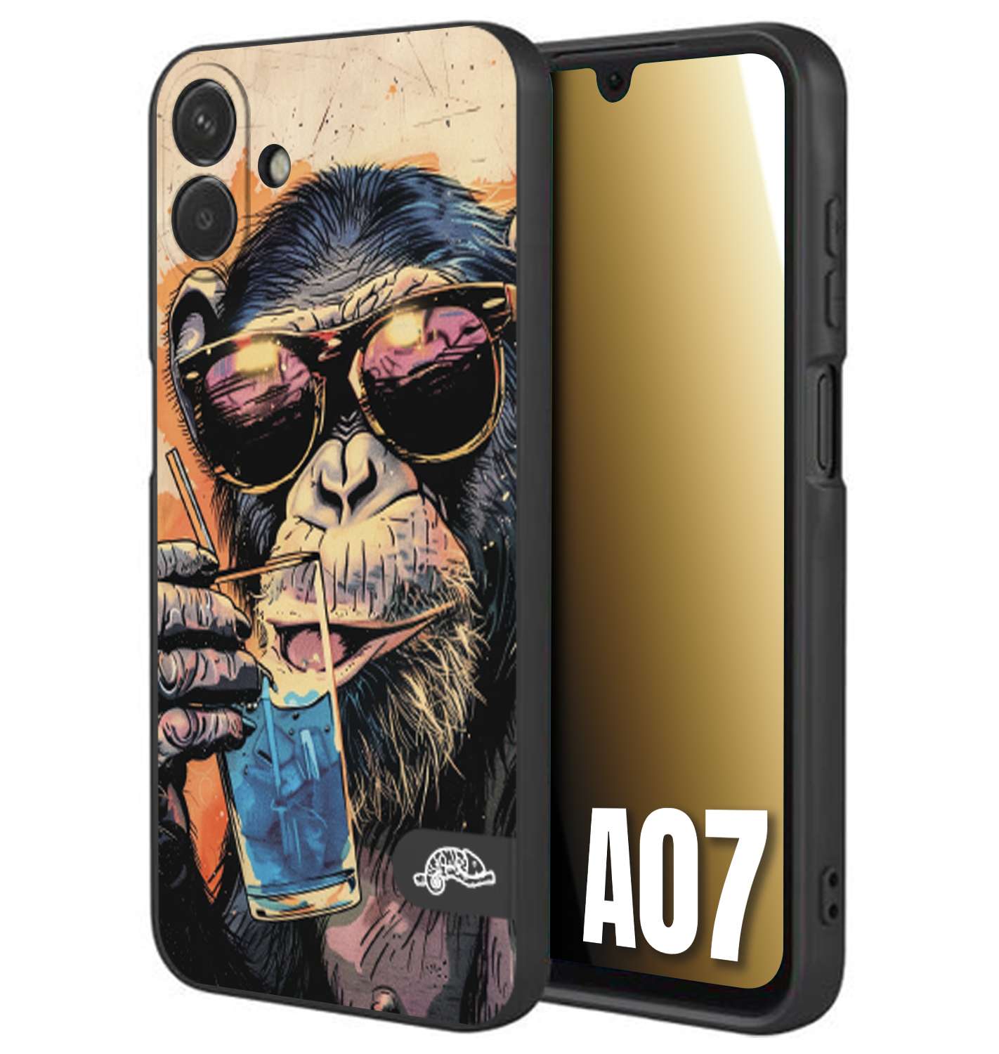 CUSTOMIZZA - Custodia cover nera morbida in tpu compatibile per Samsung A07 estate disegnata cocktails animali simpatici scimmia monkey negroni