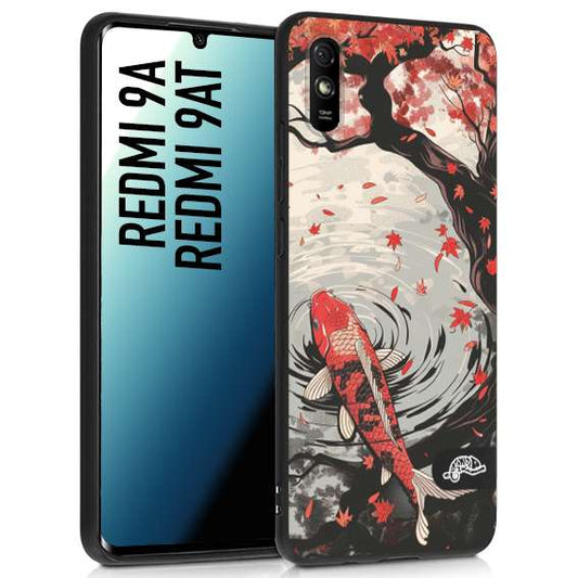 CUSTOMIZZA - Custodia cover nera morbida in tpu compatibile per Xiaomi Redmi 9A - 9AT giapponese lago carpa koi rossa con foglie d'acero rosso disegnata tattoo