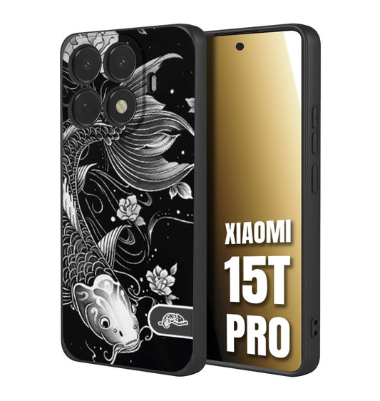 CUSTOMIZZA - Custodia cover nera morbida in tpu compatibile per Xiaomi 15T PRO carpa koi black and white bianco a rilievo disegnato tattoo tatuaggio