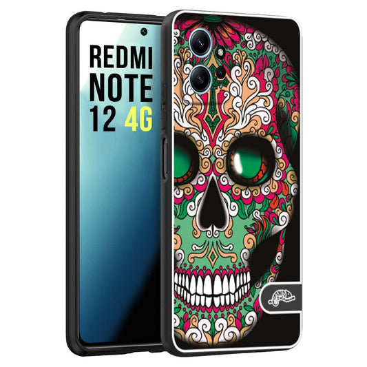 CUSTOMIZZA - Custodia cover nera morbida in tpu compatibile per Xiaomi Redmi Note 12 4G teschio messicano Mexican skull verde fucsia