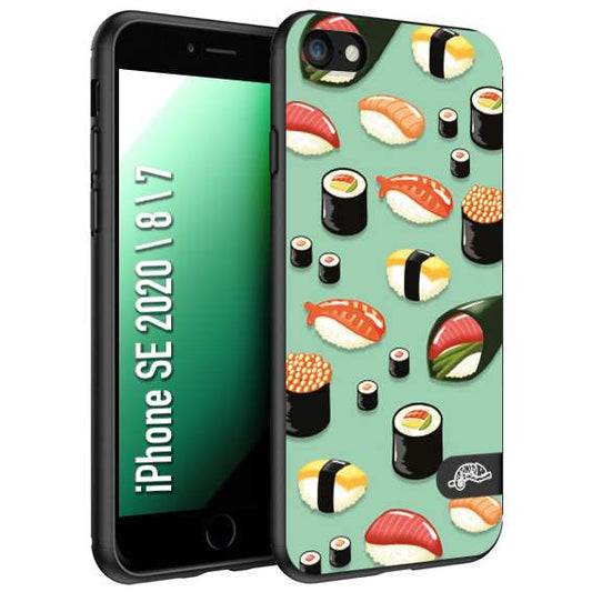 CUSTOMIZZA - Custodia cover nera morbida in tpu compatibile per iPhone 7 - 8 - SE 2020 / 2022 sushi disegni giapponese nighiri acquamarina verde