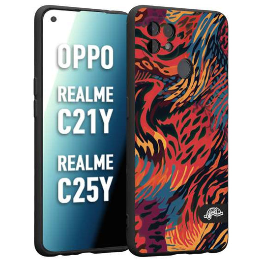 CUSTOMIZZA - Custodia cover nera morbida in tpu compatibile per Realme C21Y - C25Y leopardato maculato tigrato colorata fiamme rossa blu arancione