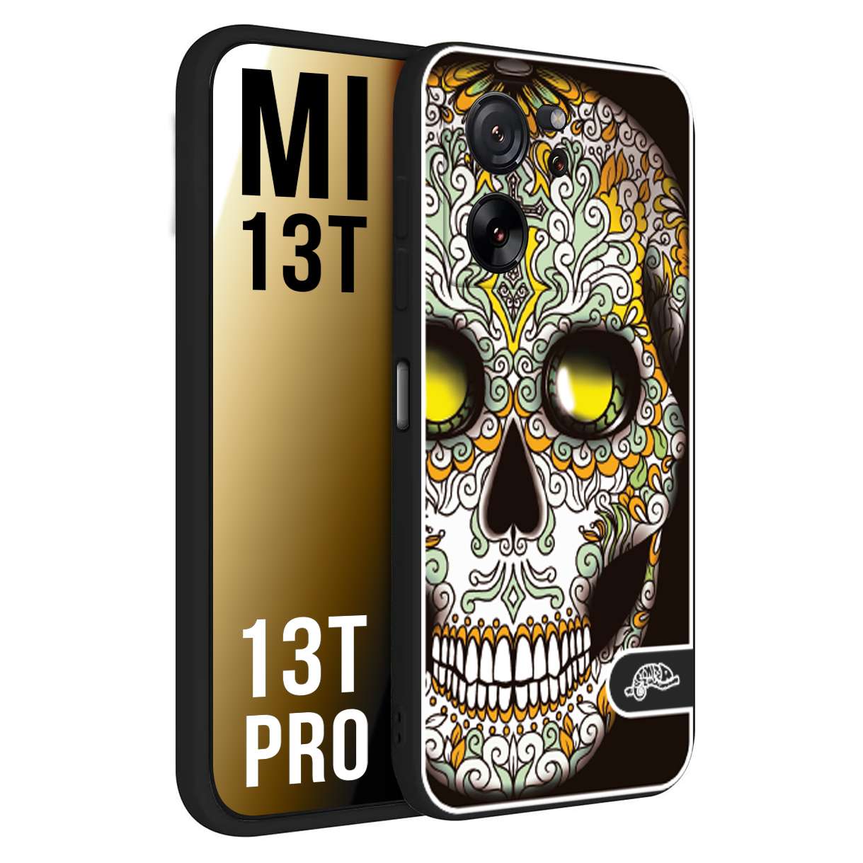 CUSTOMIZZA - Custodia cover nera morbida in tpu compatibile per Xiaomi 13T - 13T PRO teschio messicano Mexican skull bianco verde giallo