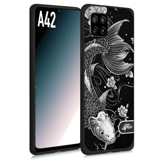 CUSTOMIZZA - Custodia cover nera morbida in tpu compatibile per Samsung A42 carpa koi black and white bianco a rilievo disegnato tattoo tatuaggio