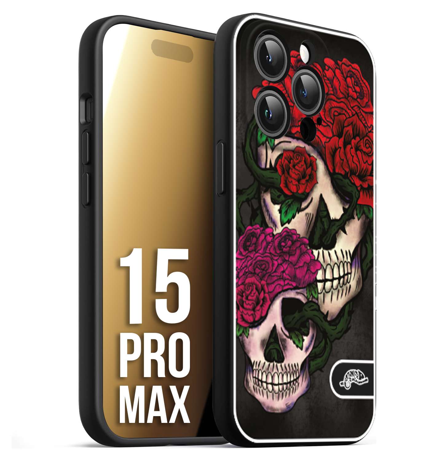 CUSTOMIZZA - Custodia cover nera morbida in tpu compatibile per iPhone 15 PRO MAX teschi e rose rosse fucsia skull and roses