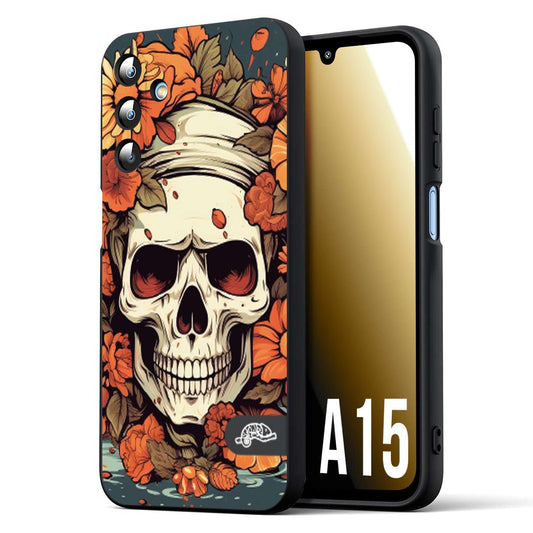 CUSTOMIZZA - Custodia cover nera morbida in tpu compatibile per Samsung A15 5G teschio skull flowers fiori tattoo disegnato alta definizione