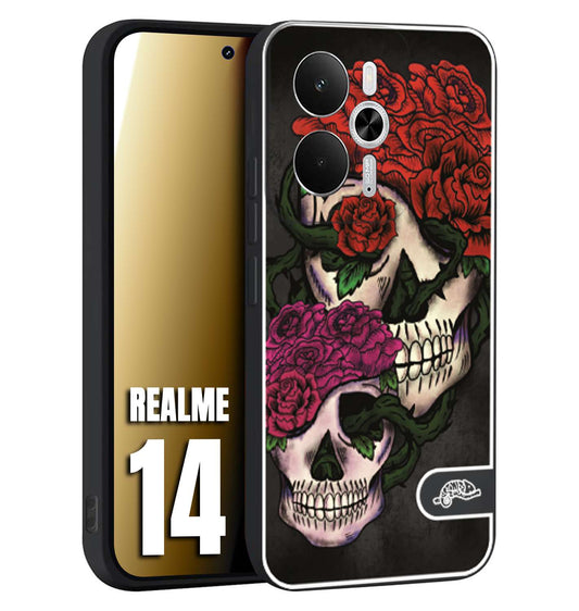 CUSTOMIZZA - Custodia cover nera morbida in tpu compatibile per Realme 14 5G teschi e rose rosse fucsia skull and roses