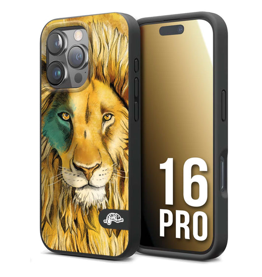 CUSTOMIZZA - Custodia cover nera morbida in tpu compatibile per iPhone 16 PRO leone lion disegnato a mano giallo blu a rilievo artistico brown