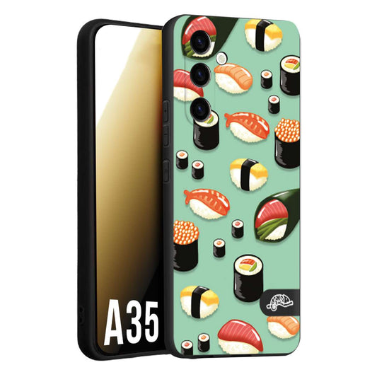 CUSTOMIZZA - Custodia cover nera morbida in tpu compatibile per Samsung A35 5G sushi disegni giapponese nighiri acquamarina verde