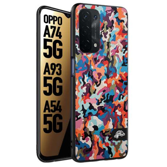 CUSTOMIZZA - Custodia cover nera morbida in tpu compatibile per Oppo A74 5G - A93 5G - A54 5G camouflage mimetico militare moderno blu arancio rosa