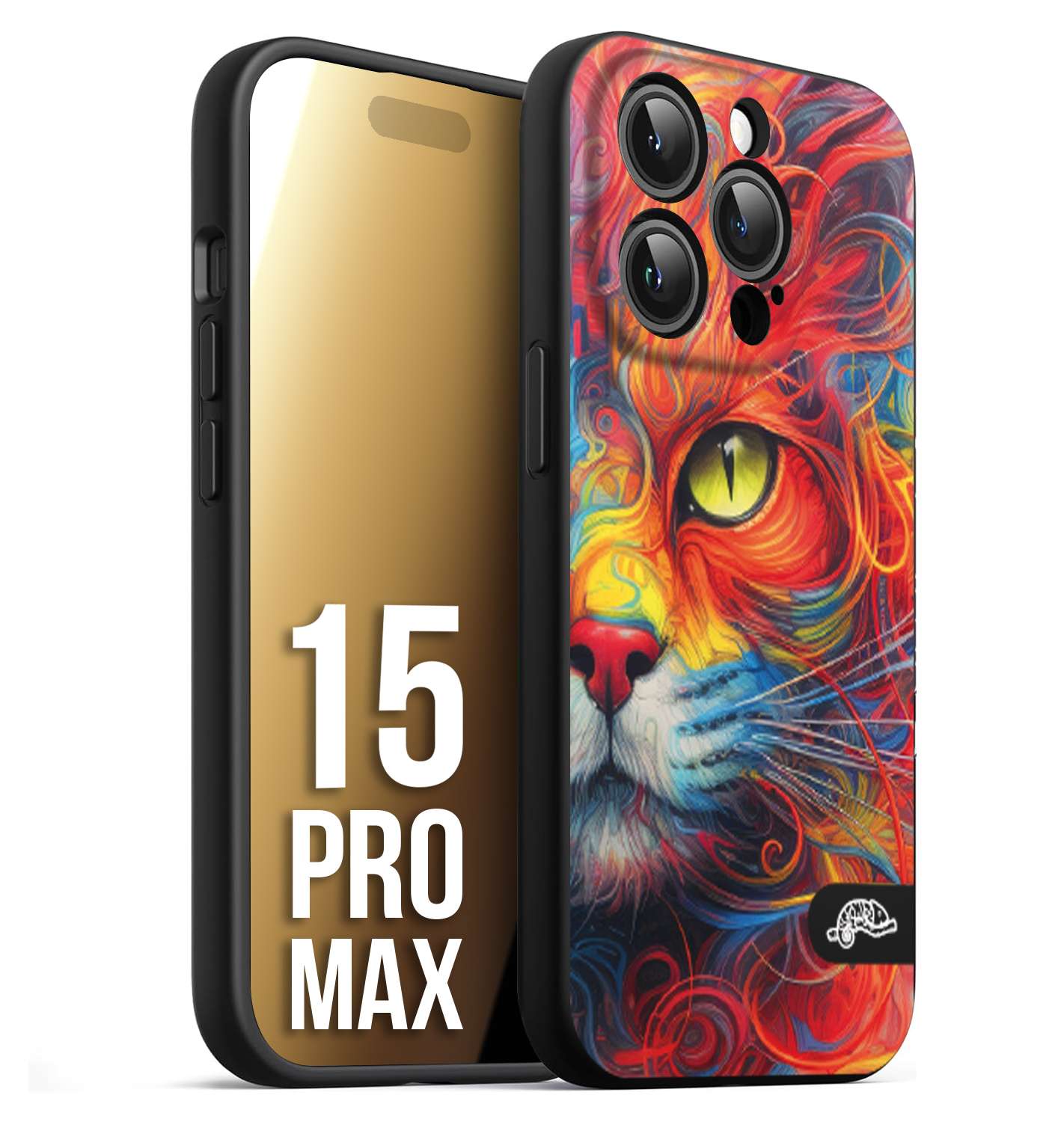 CUSTOMIZZA - Custodia cover nera morbida in tpu compatibile per iPhone 15 PRO MAX animali color cat gatto viso colori vibranti disegnato schizzo