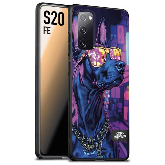 CUSTOMIZZA - Custodia cover nera morbida in tpu compatibile per Samsung S20 FE animali cyberpunk dobermann cane street dog fucsia blu night