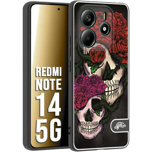CUSTOMIZZA - Custodia cover nera morbida in tpu compatibile per Xiaomi Redmi Note 14 5G teschi e rose rosse fucsia skull and roses